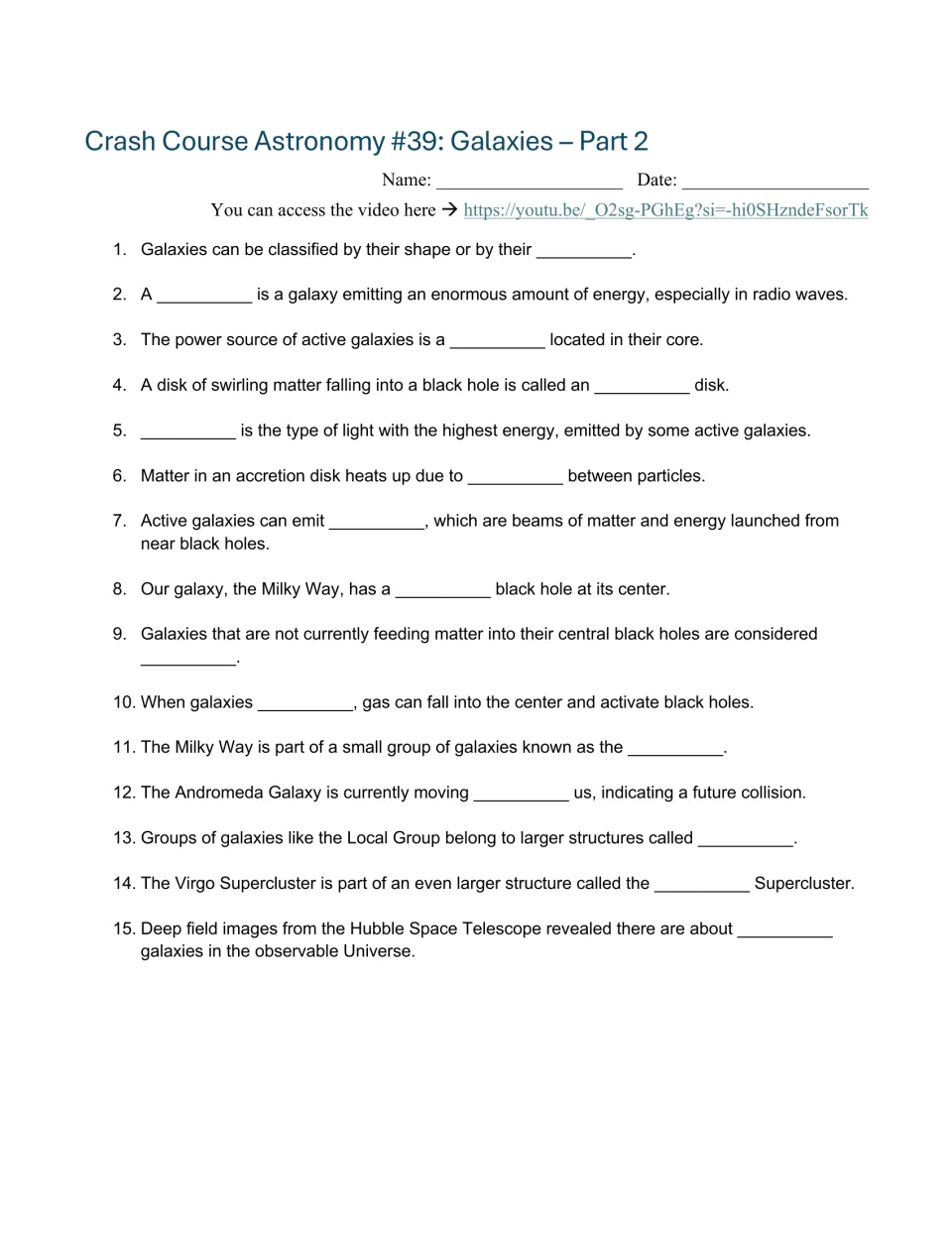 Video guide: 15 fill-in-the-blank questions on active galaxies, black holes, and galaxy groups