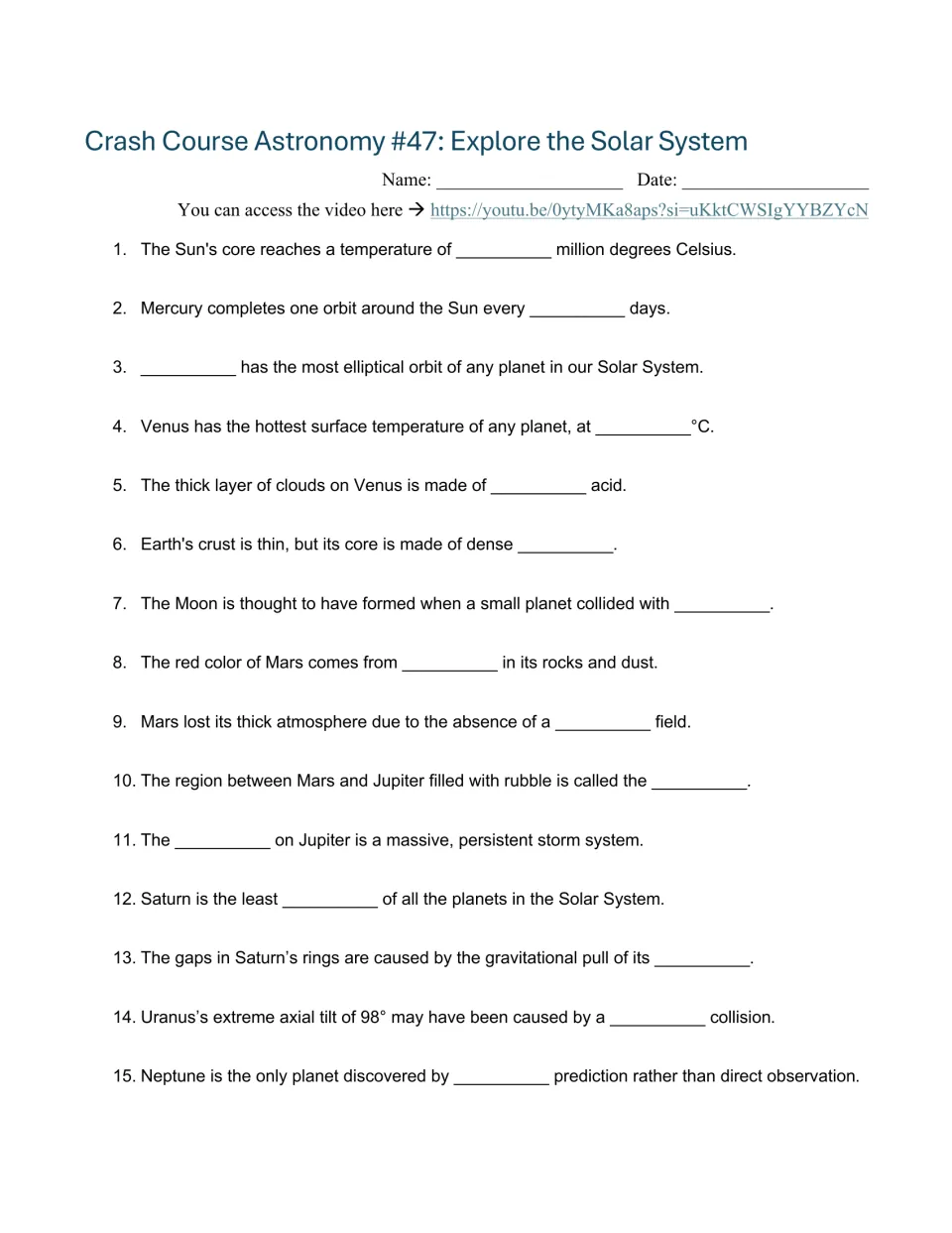 Video guide worksheet: 15 fill-in-the-blank questions on the Sun, planets, Moon, and asteroid belt