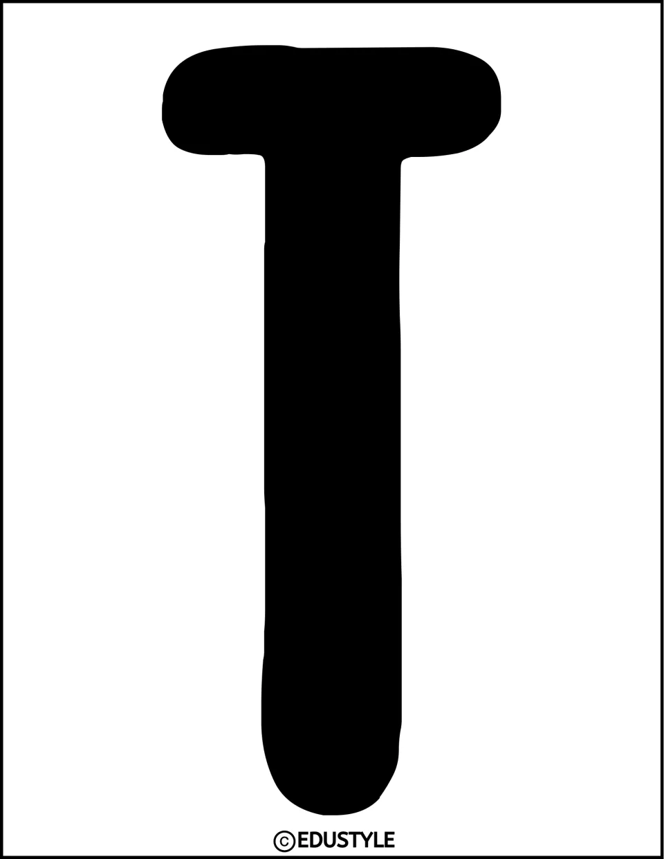 Letter T cut-out: a tall solid black capital T in rounded lettering, sized to fill the page for a classroom door heading