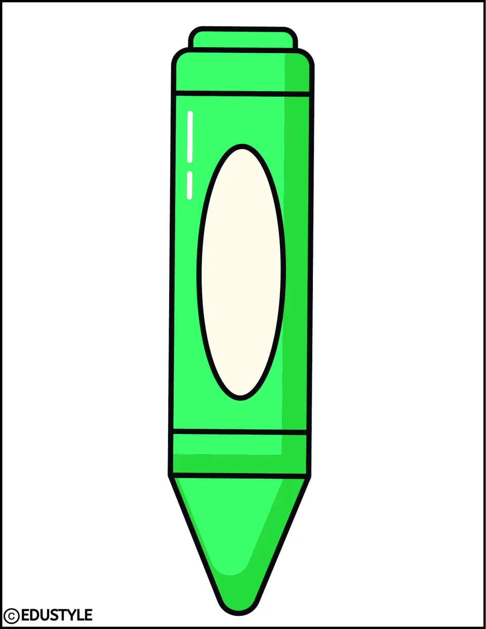 Green crayon cut-out: a bright green cartoon crayon with a blank cream oval label for writing a student name or word