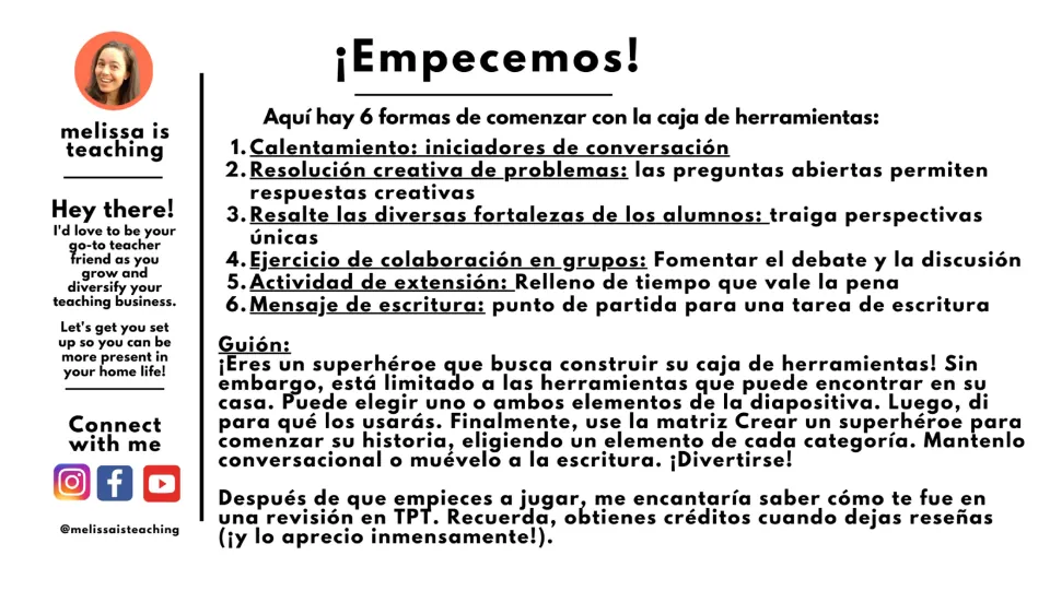 Spanish directions: six ways to use the superhero toolbox, a household-tool scenario, and a story prompt