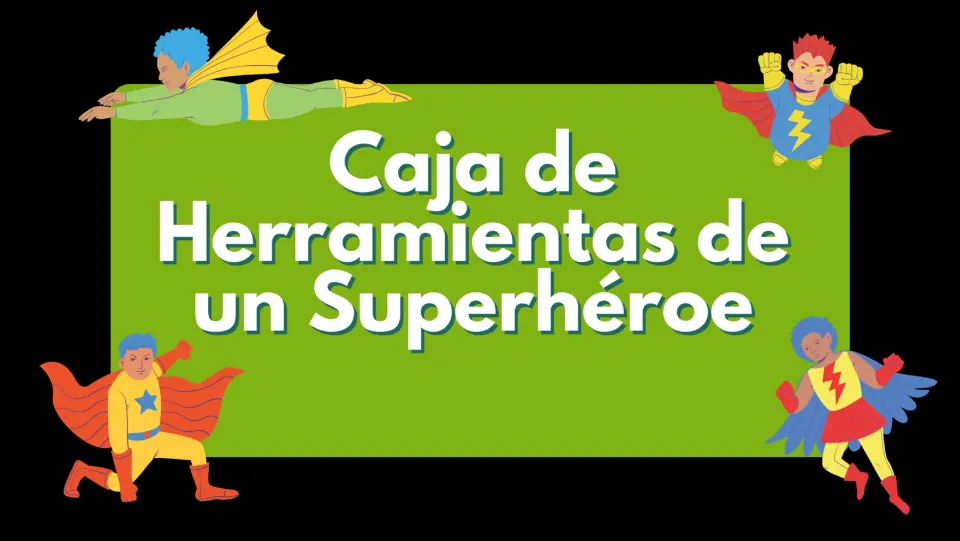 Repeated Spanish superhero toolbox title slide introduces the household-item choices for the activity