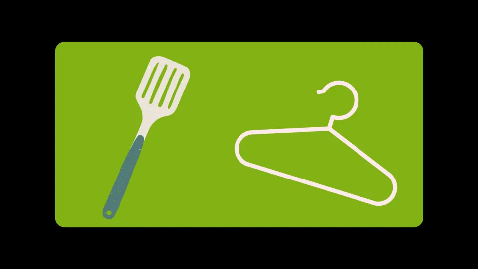 Superhero toolbox choices 1–2: a spatula and a clothes hanger to choose from and explain how to use