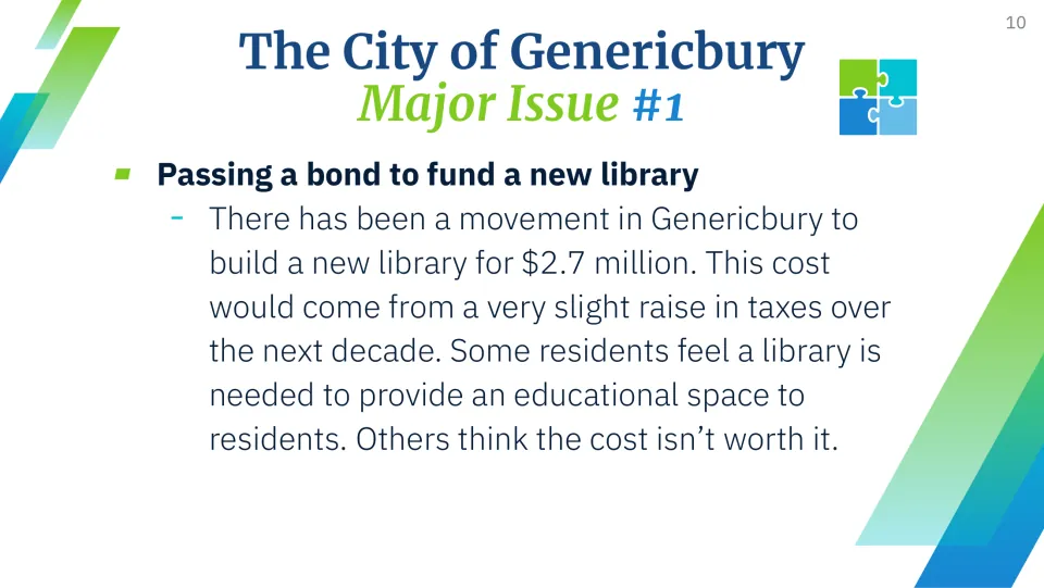 Major Issue #1: a $2.7 million bond for a new Genericbury library, funded by a slight tax raise, with views for and against