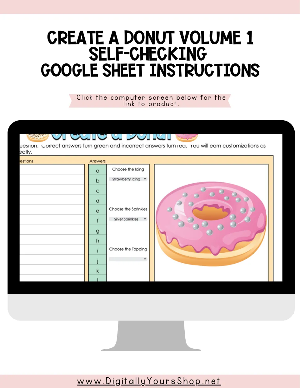 Create a Donut Volume 1 self-checking Google Sheet instructions cover with a computer screen showing a pink donut