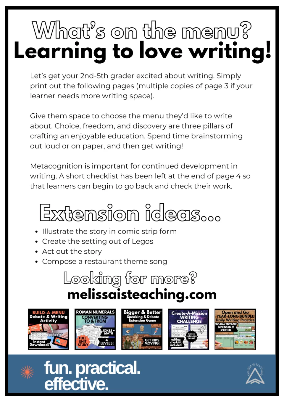 Teacher guidance for the menu writing activity, with brainstorming, self-checking, and four extension ideas.