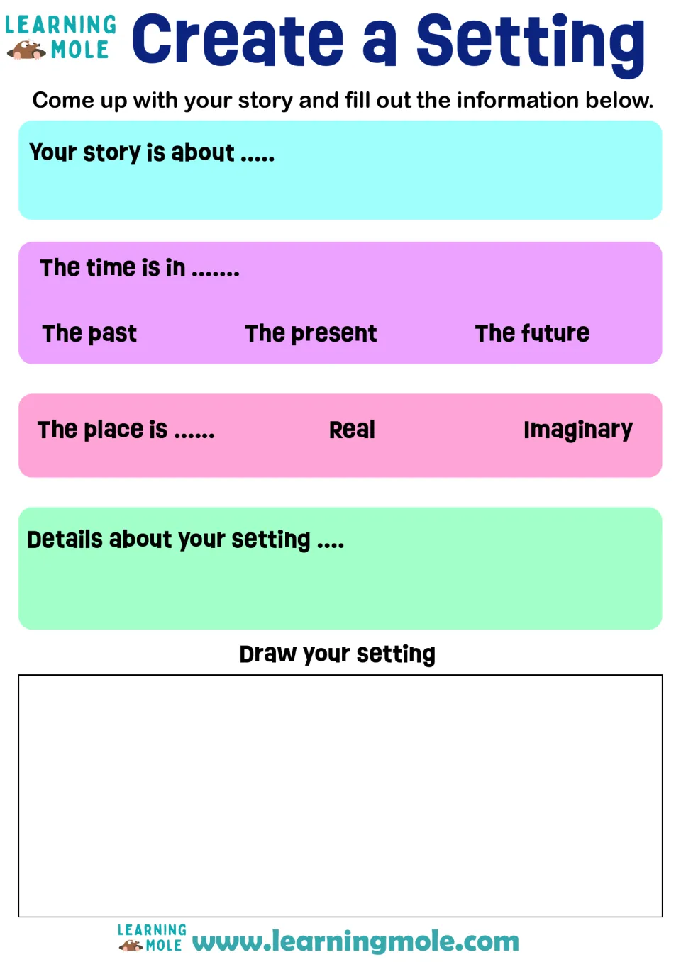 Story setting planner: students pick past, present or future and a real or imaginary place, add details, then draw it
