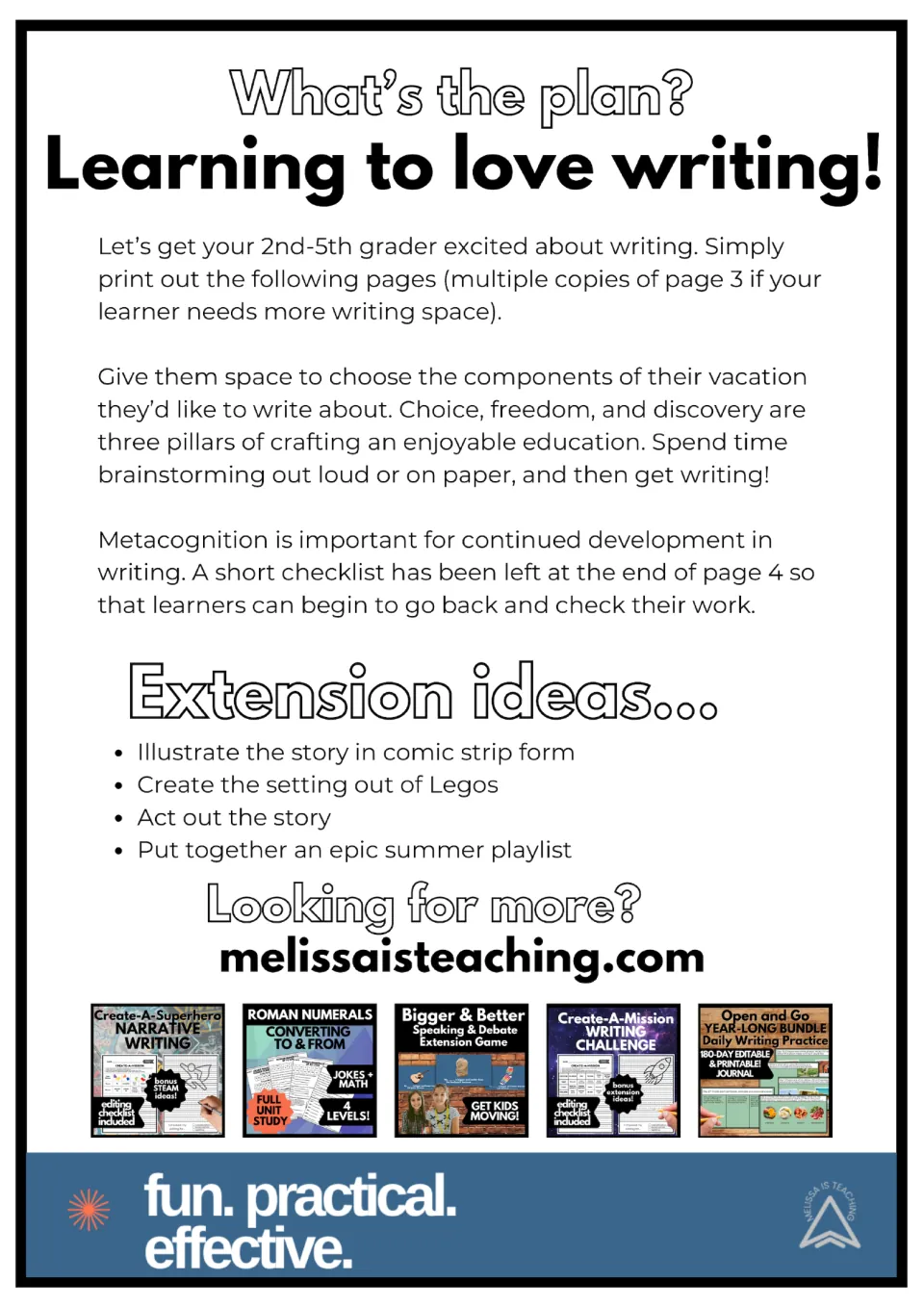 Teacher guide for the summer narrative activity, with brainstorming advice and four extension ideas.