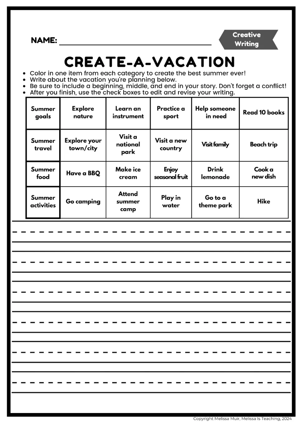 Vacation narrative prompt: choose summer goals, travel, food, and activities; include a conflict.