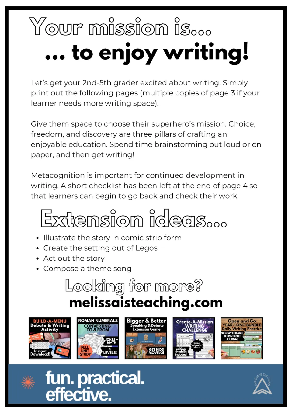 Teacher notes titled Your mission is to enjoy writing: printing tips, brainstorming advice and four story extension ideas