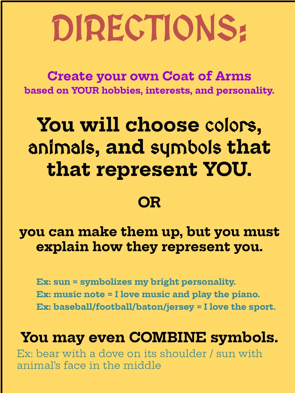 Coat of arms directions: students choose colors, animals and symbols that represent them, with sun and music note examples