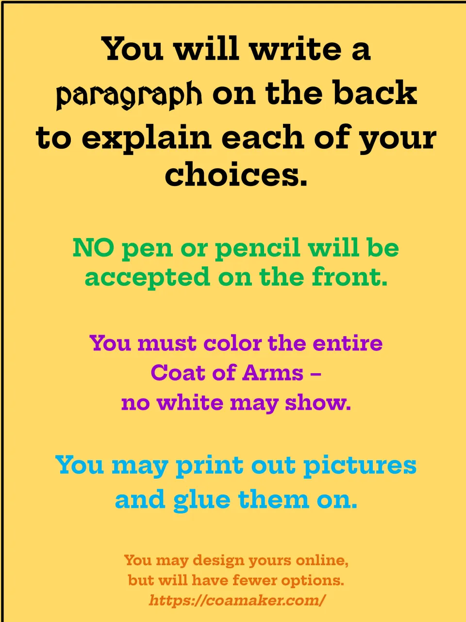 Crest project rules: write a paragraph on the back explaining choices, color it all, and use no pen or pencil