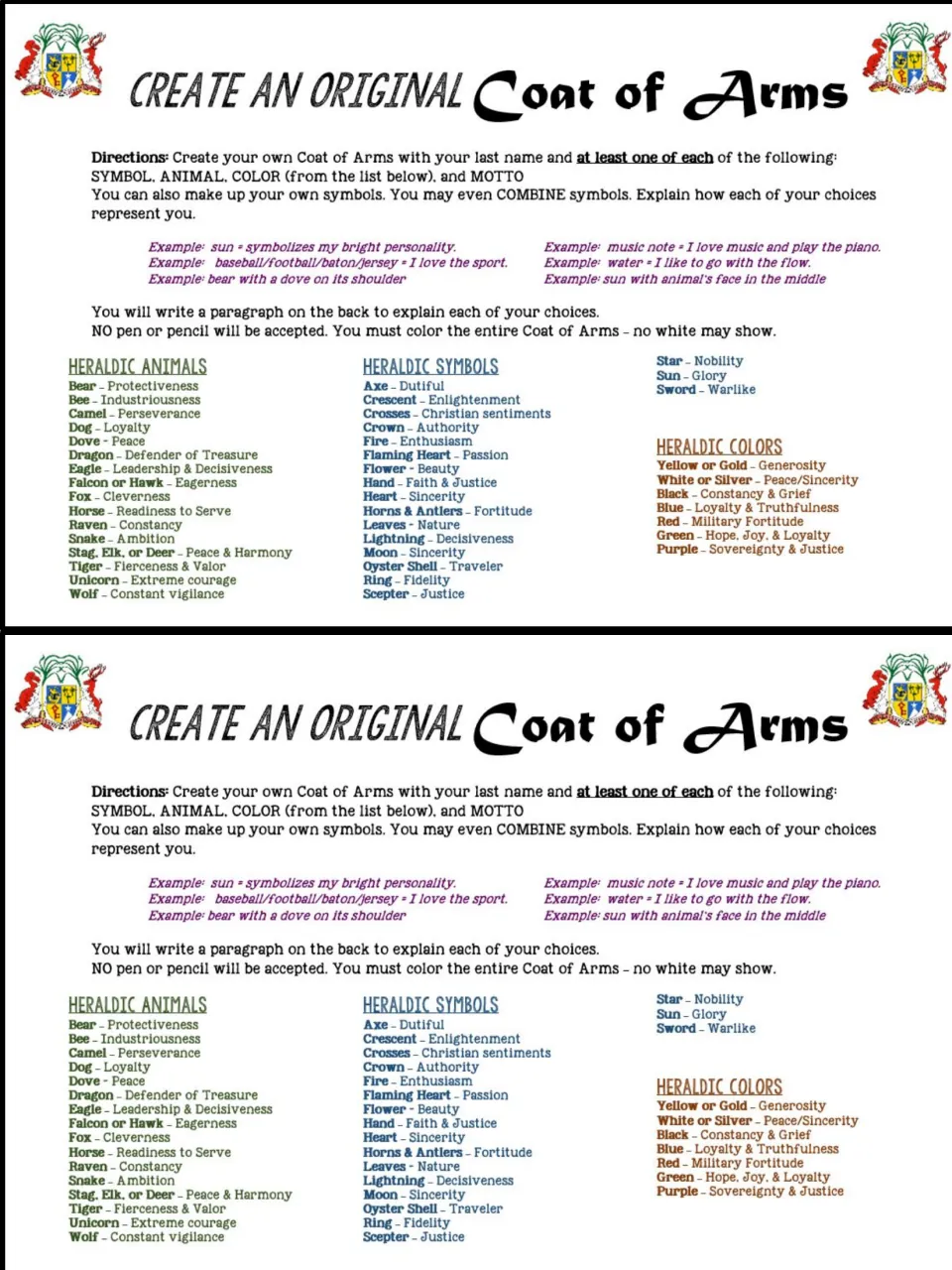 Two half-page coat of arms handouts, each giving directions, examples and lists of heraldic animals, symbols and colors