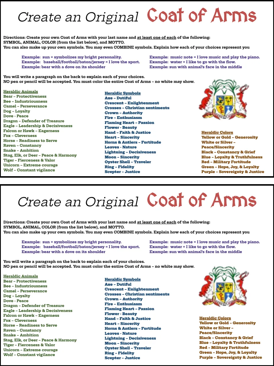 Second two-per-page coat of arms handout with a sample crest picture, directions and heraldic animal, symbol, color lists