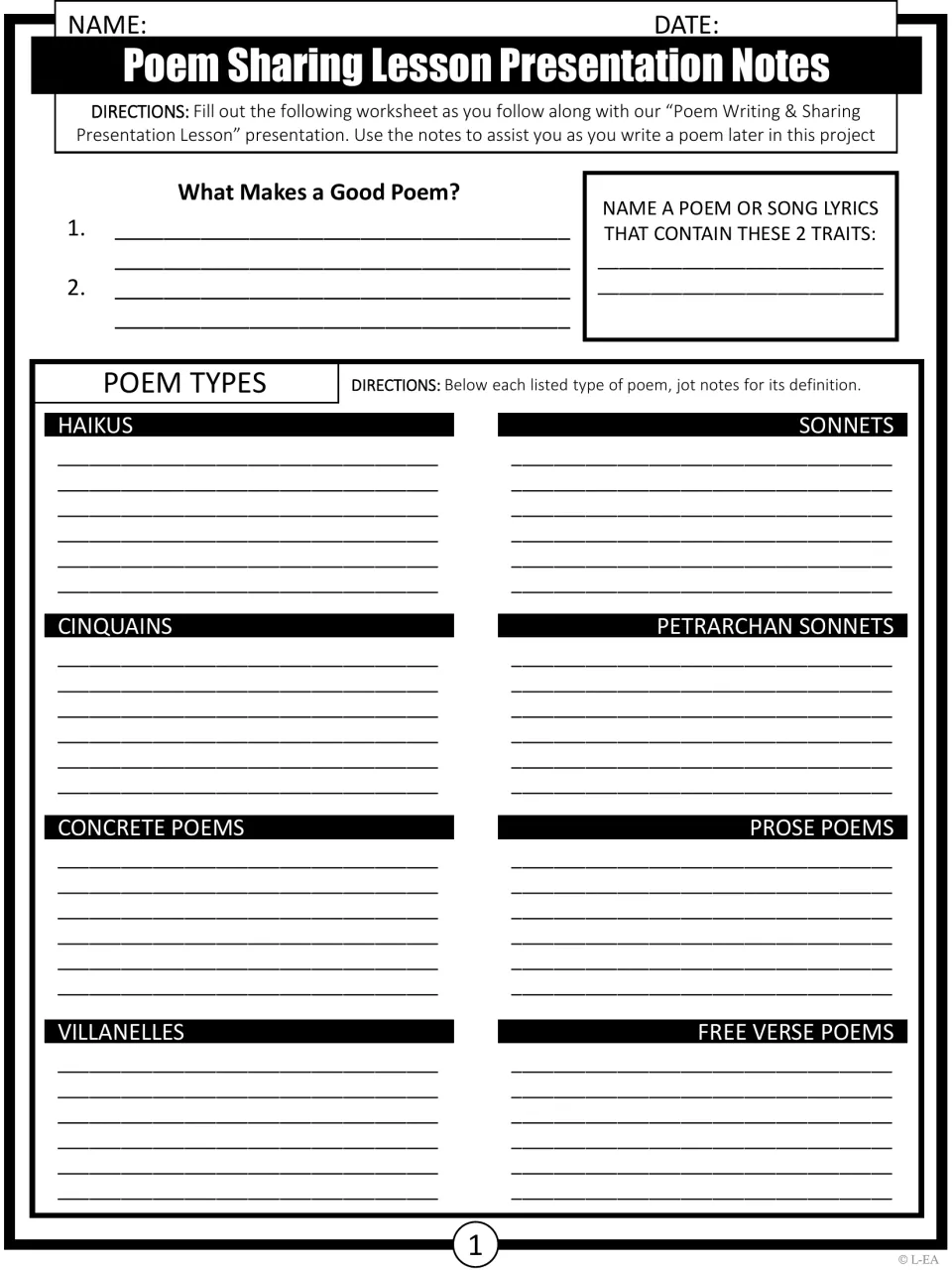 Poetry lesson notes on what makes a good poem and eight poem types, including haikus, cinquains, and sonnets