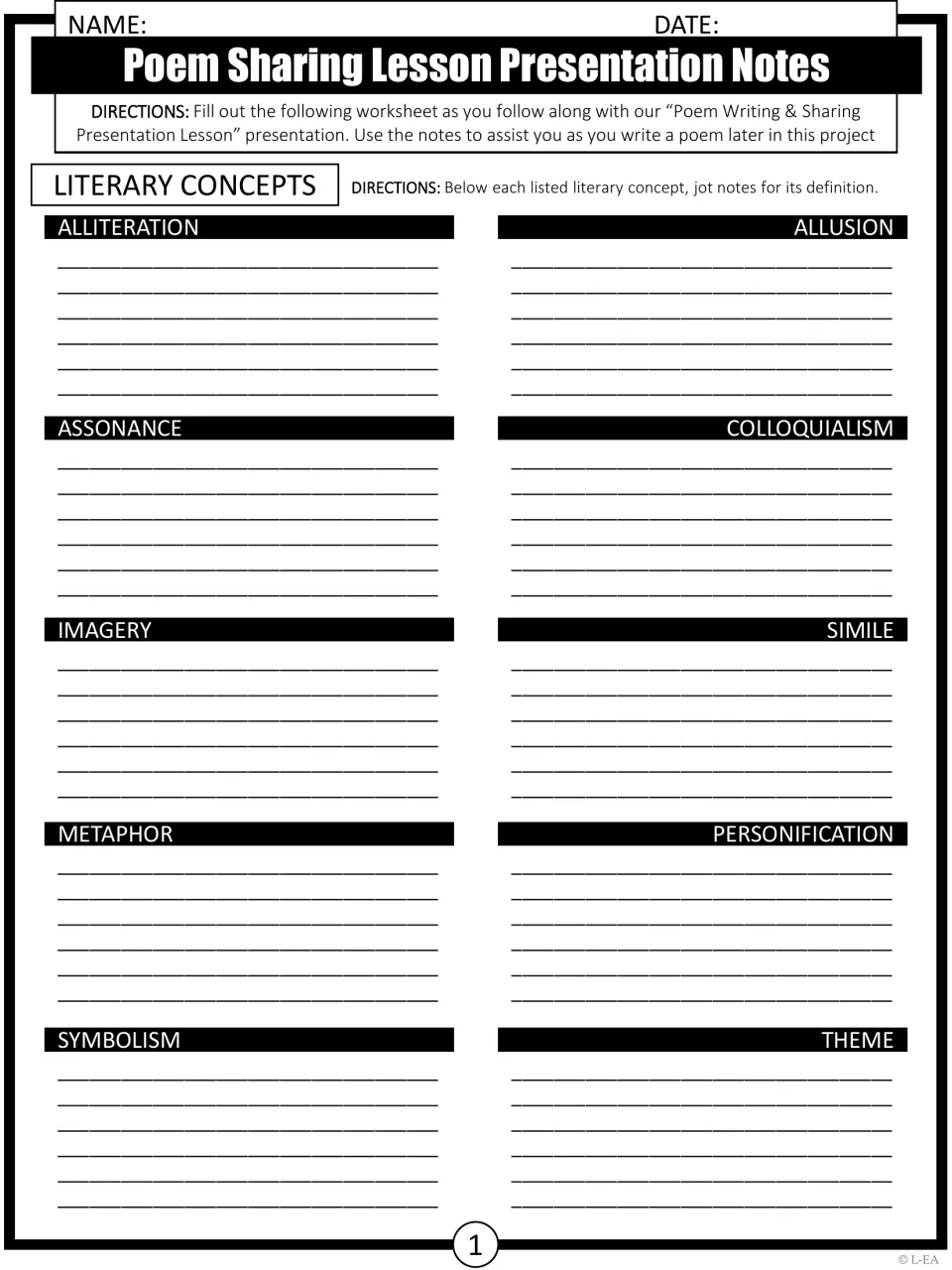 Poetry lesson notes for defining ten literary concepts, including alliteration, imagery, metaphor, and theme
