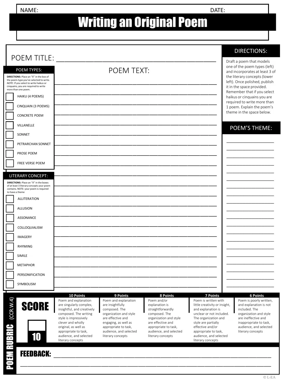 Original poem writing task: choose a poem type, use at least three literary concepts, and explain the theme