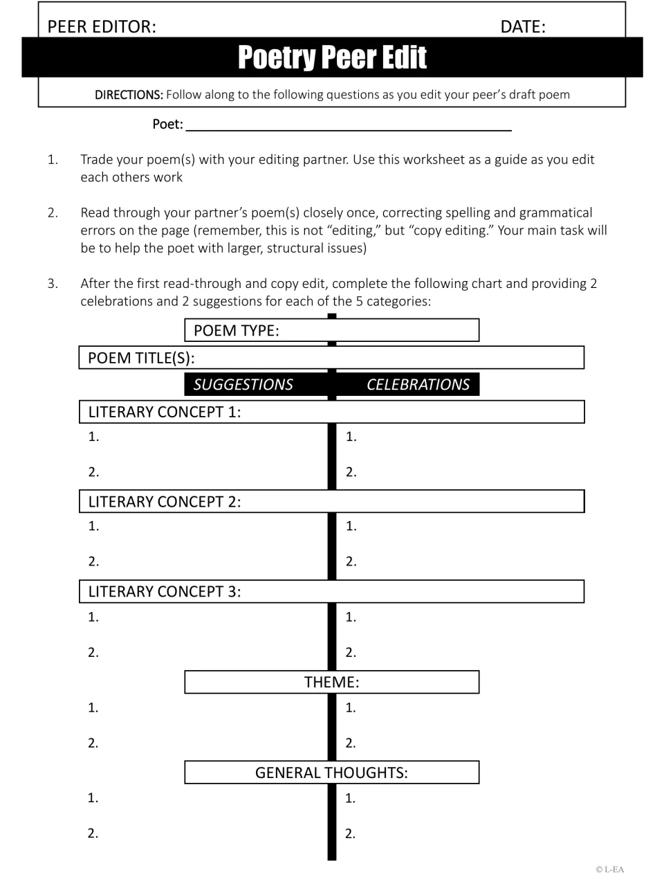 Poetry peer editing guide asks for two suggestions and two celebrations for literary concepts and theme