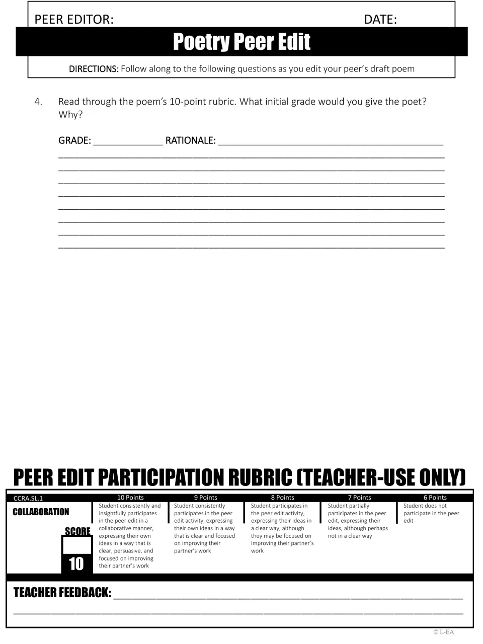 Poetry peer editing continuation asks for a proposed grade and rationale; includes a collaboration rubric