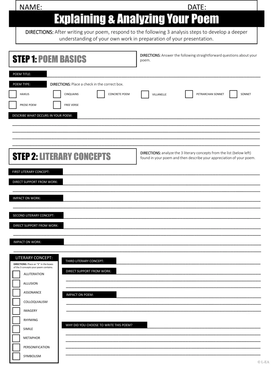 Poem analysis steps 1 and 2 cover poem basics and three literary concepts, with textual support and impact