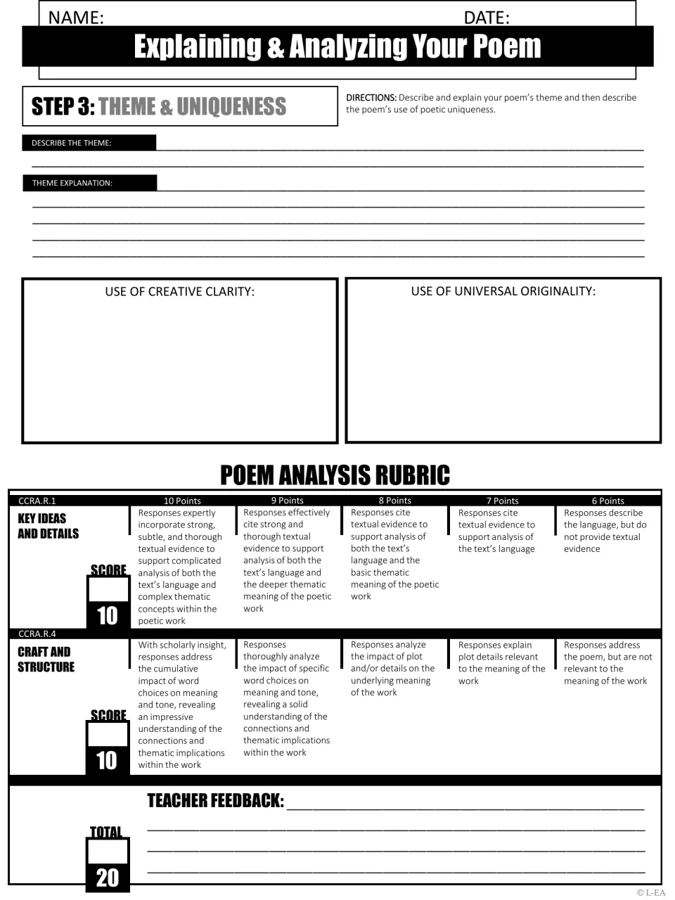 Poem analysis step 3 asks about theme, creative clarity, and universal originality, with a 20-point rubric