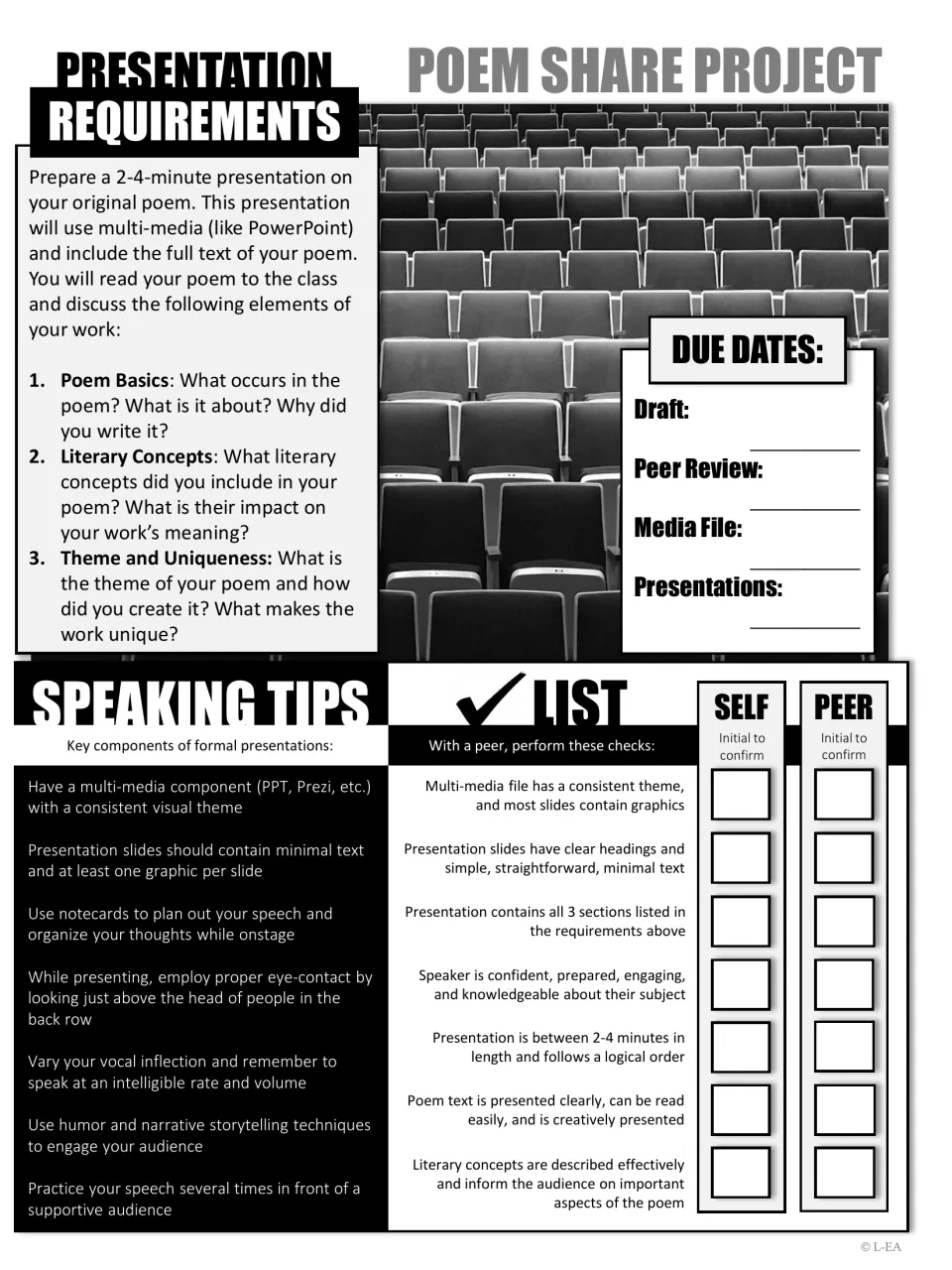 Poem presentation requirements specify a 2–4-minute multimedia talk, with speaking tips and a peer checklist