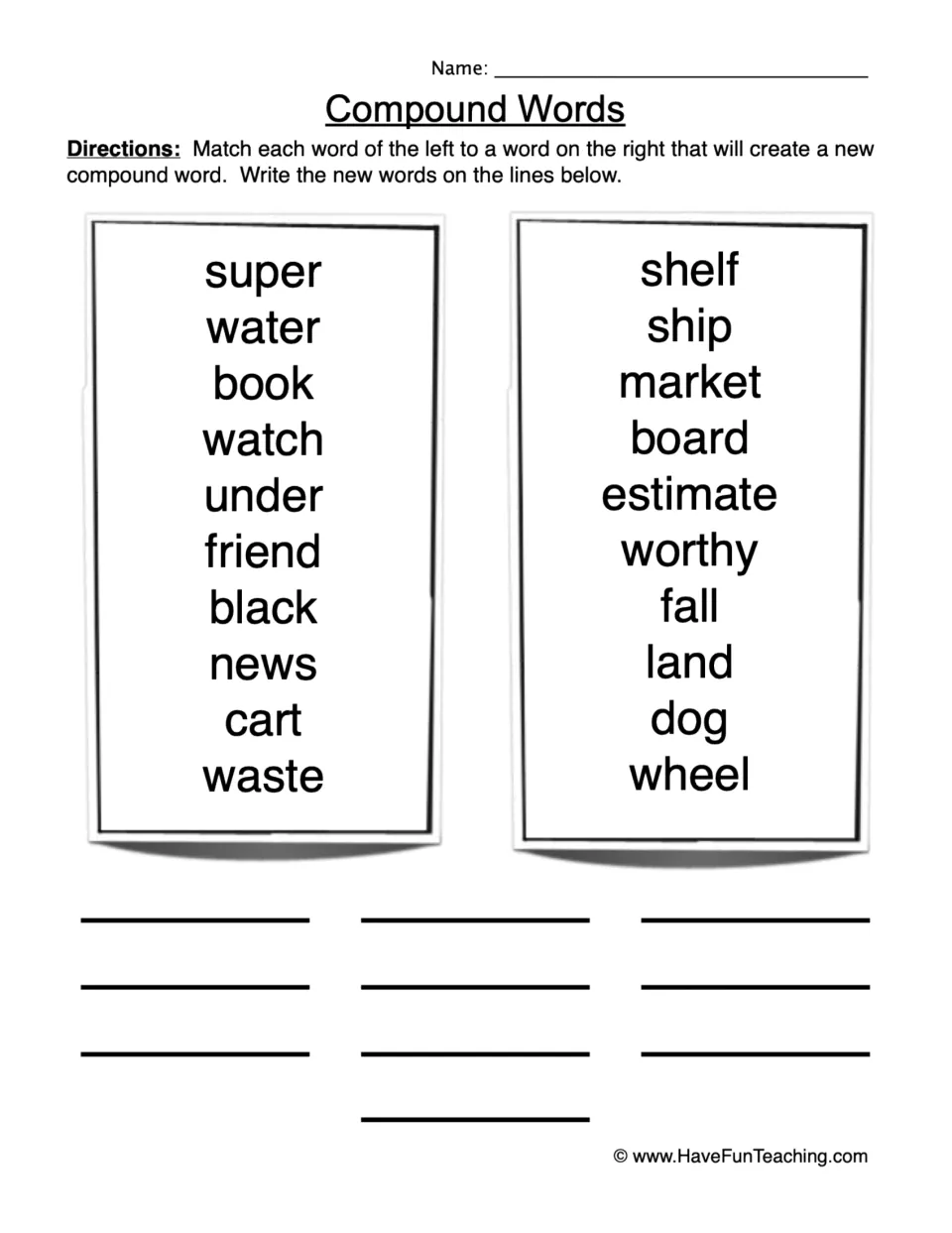 Compound words: students match 10 starter words like super and water to endings like market and fall, then write each word