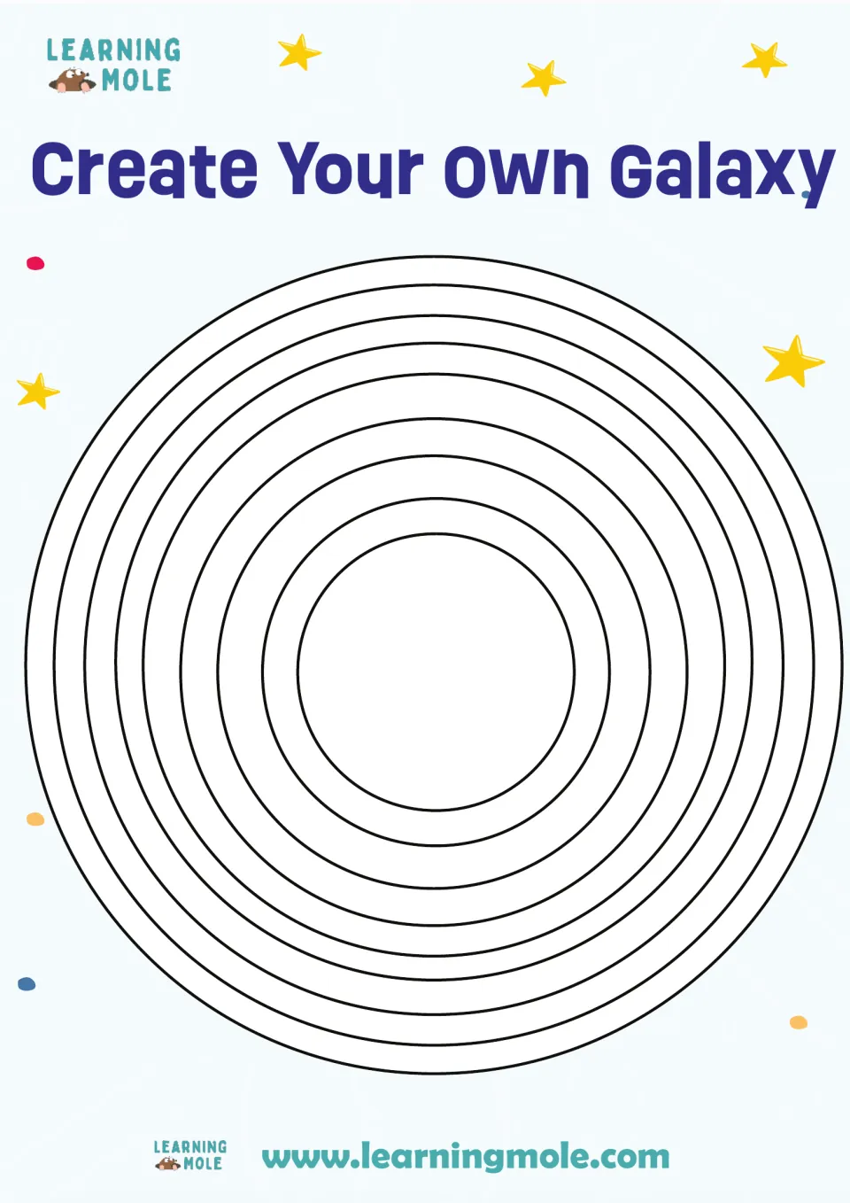 Create Your Own Galaxy base sheet: blank orbit rings around a center where students glue their cut-out space pieces