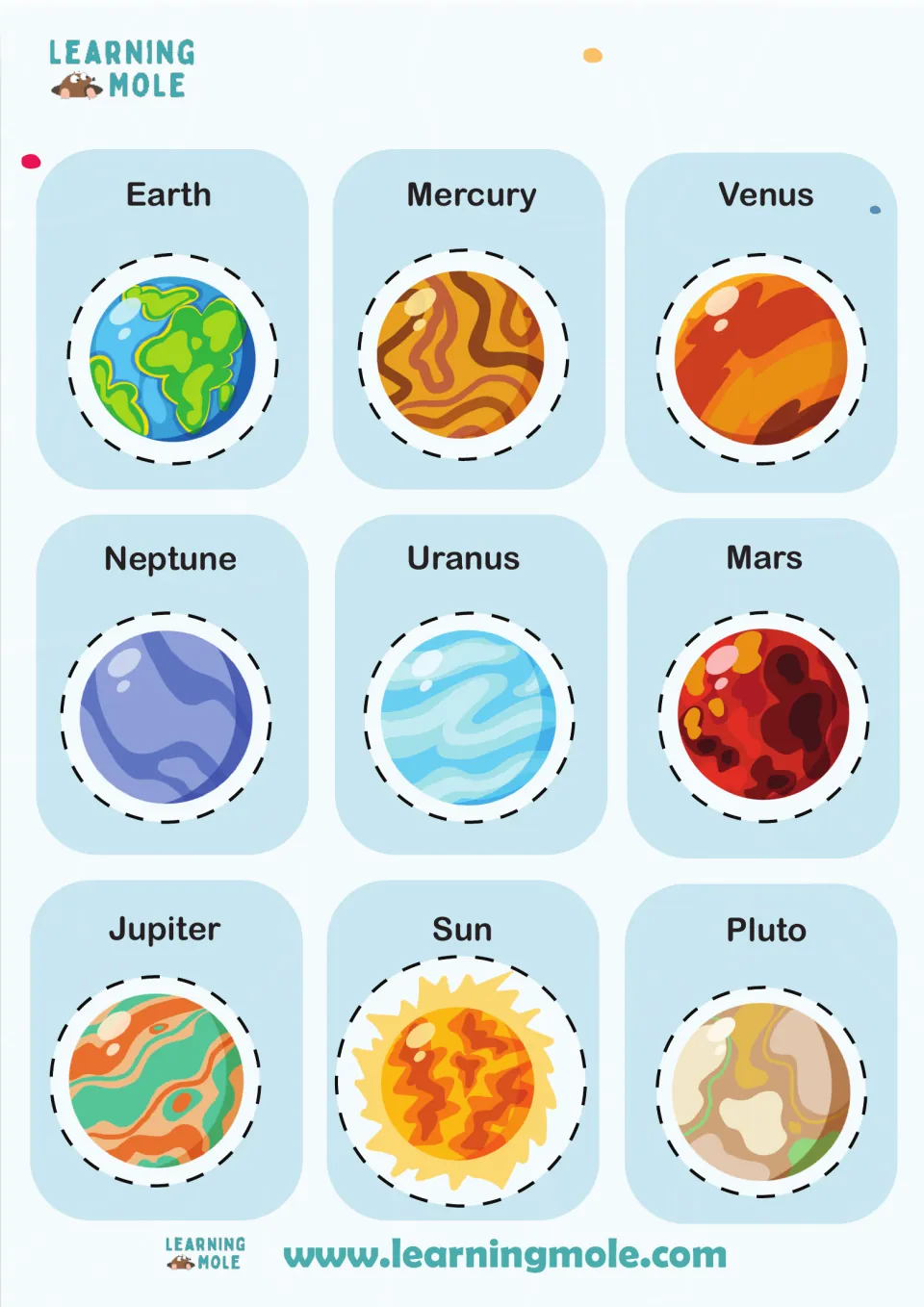 Solar system cut-outs: labeled pictures of Earth, Mercury, Venus, Neptune, Uranus, Mars, Jupiter, the Sun and Pluto