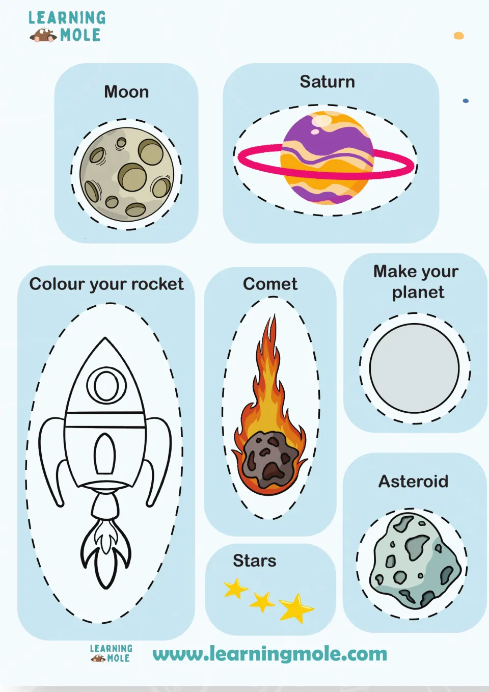 More space cut-outs: Moon, Saturn, comet, asteroid and stars, plus a rocket to colour and a blank planet to design