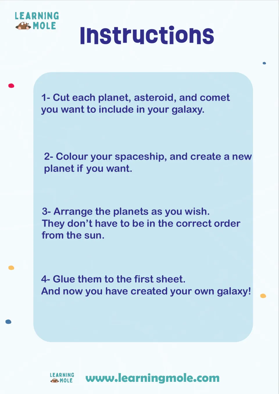 Galaxy-building steps: cut out planets, colour the spaceship, arrange pieces in any order and glue to the first sheet