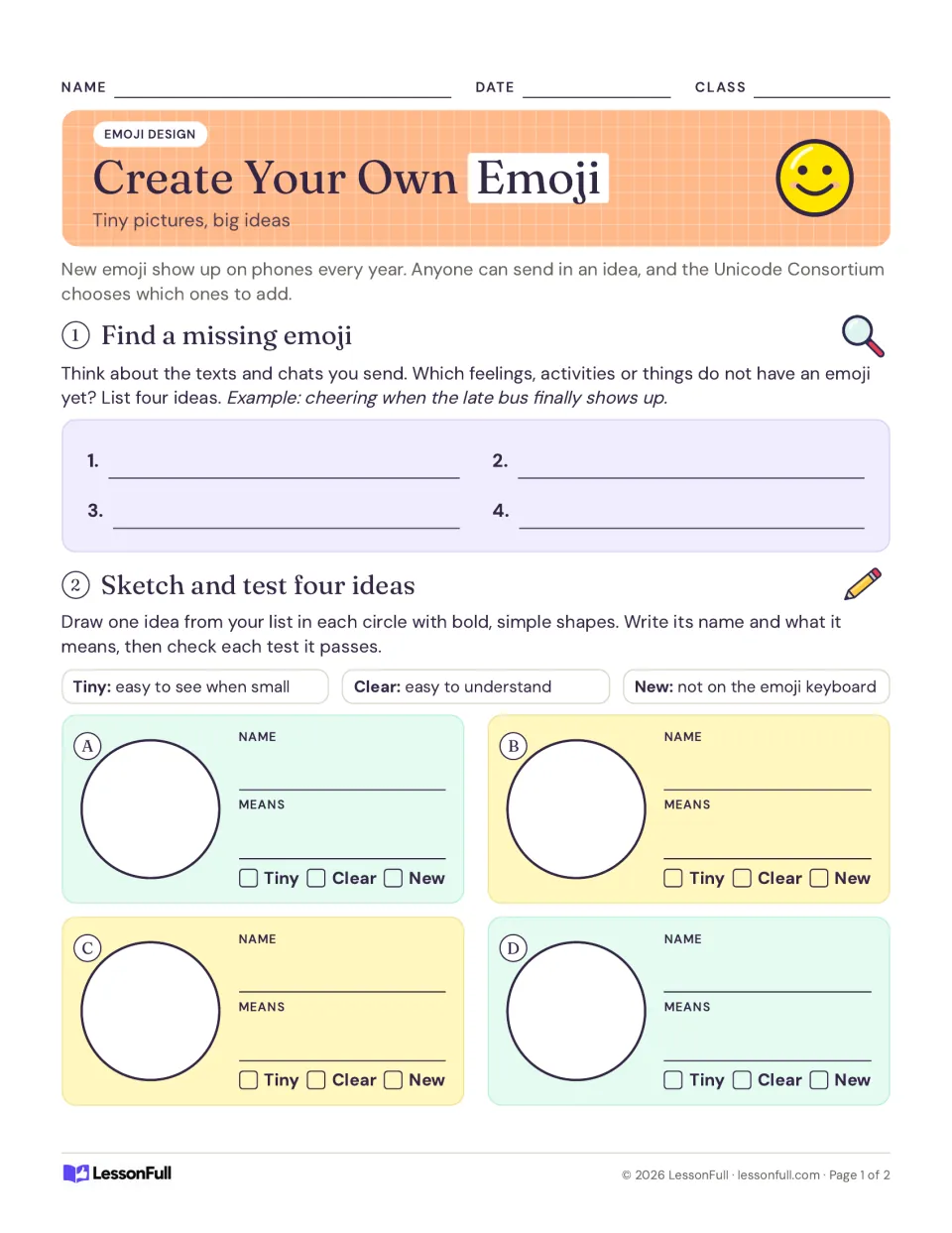 Emoji design worksheet, page 1: list and sketch four ideas, then check whether each is tiny, clear, and new