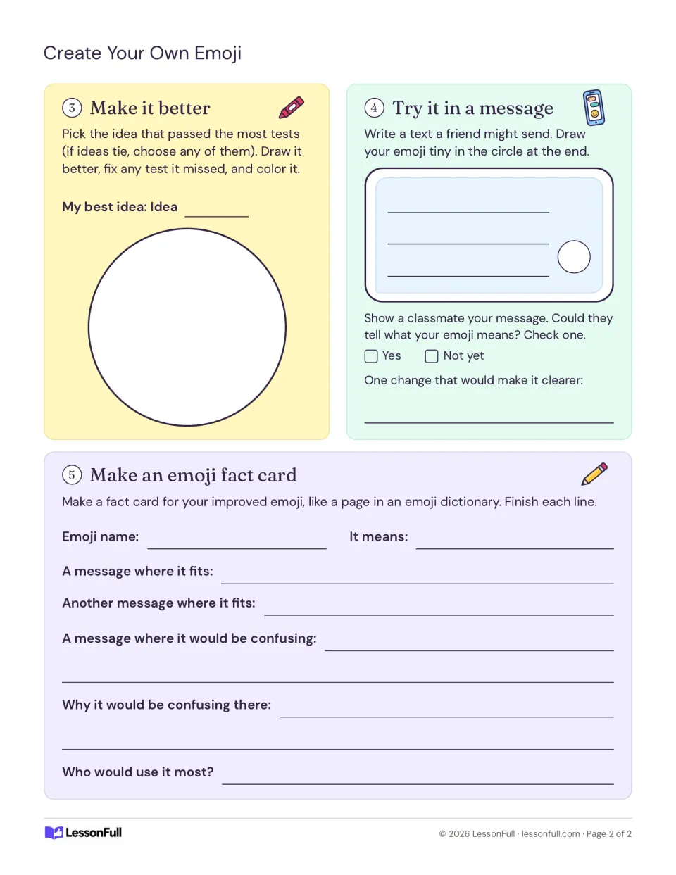 Emoji design worksheet, page 2: improve one idea, test it in a message, and complete an emoji fact card