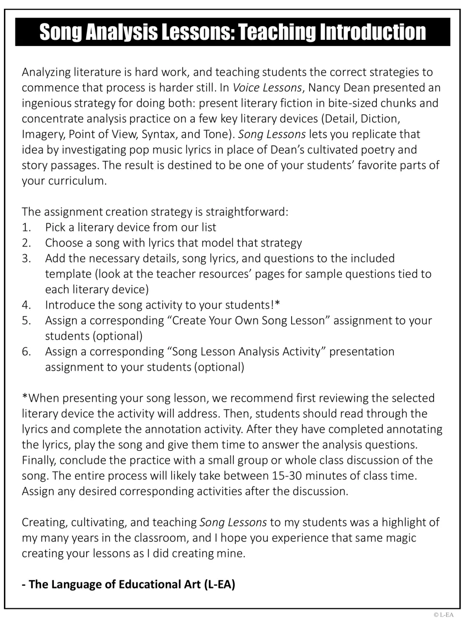 Song analysis teaching introduction: six steps to build a lyric lesson on a literary device, plus a 15-30 minute plan