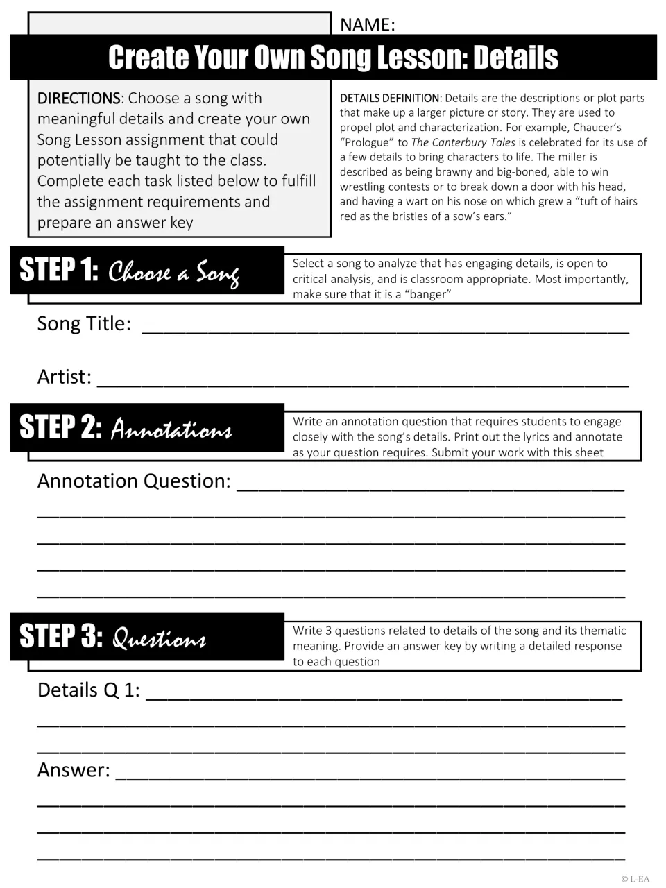 Details song lesson: students pick a song, write an annotation question, then write detail questions with answer keys