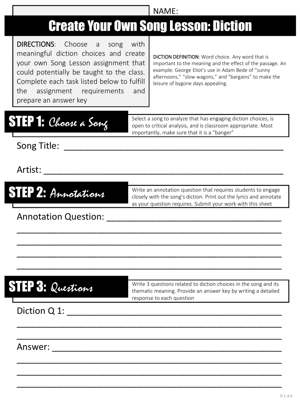 Diction song lesson: students choose a song with strong word choice, write an annotation question and 3 diction questions