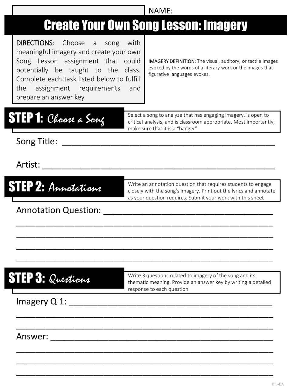 Imagery song lesson: students pick a song with vivid imagery, write an annotation question and 3 imagery questions