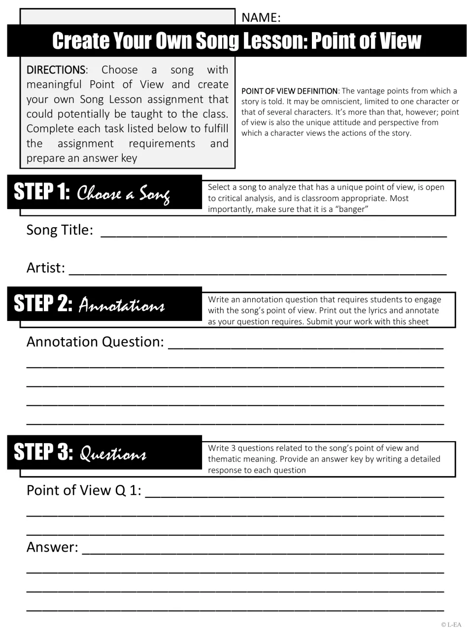 Point of view song lesson: students pick a song with a unique perspective and write annotation and POV questions