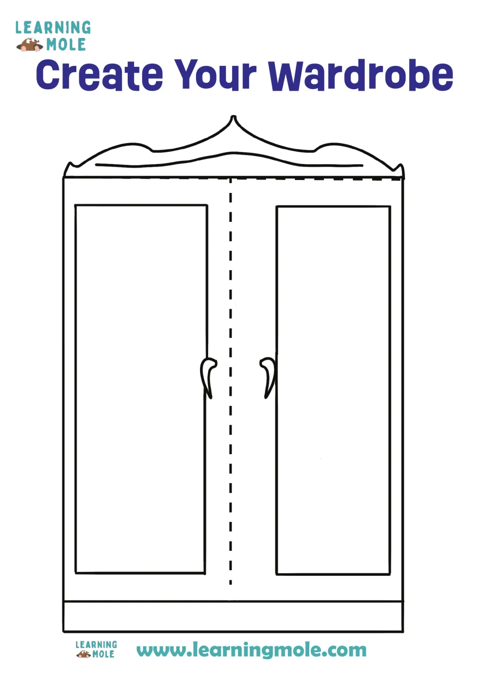 Wardrobe front cut-out piece: two outline doors with handles and a dotted center line that students cut so the doors open