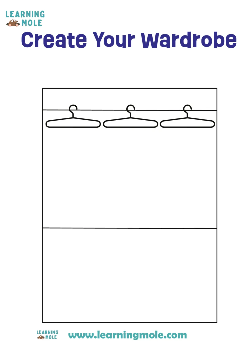 Wardrobe interior cut-out piece: a rail with three empty hangers above a lower shelf where students glue chosen clothes