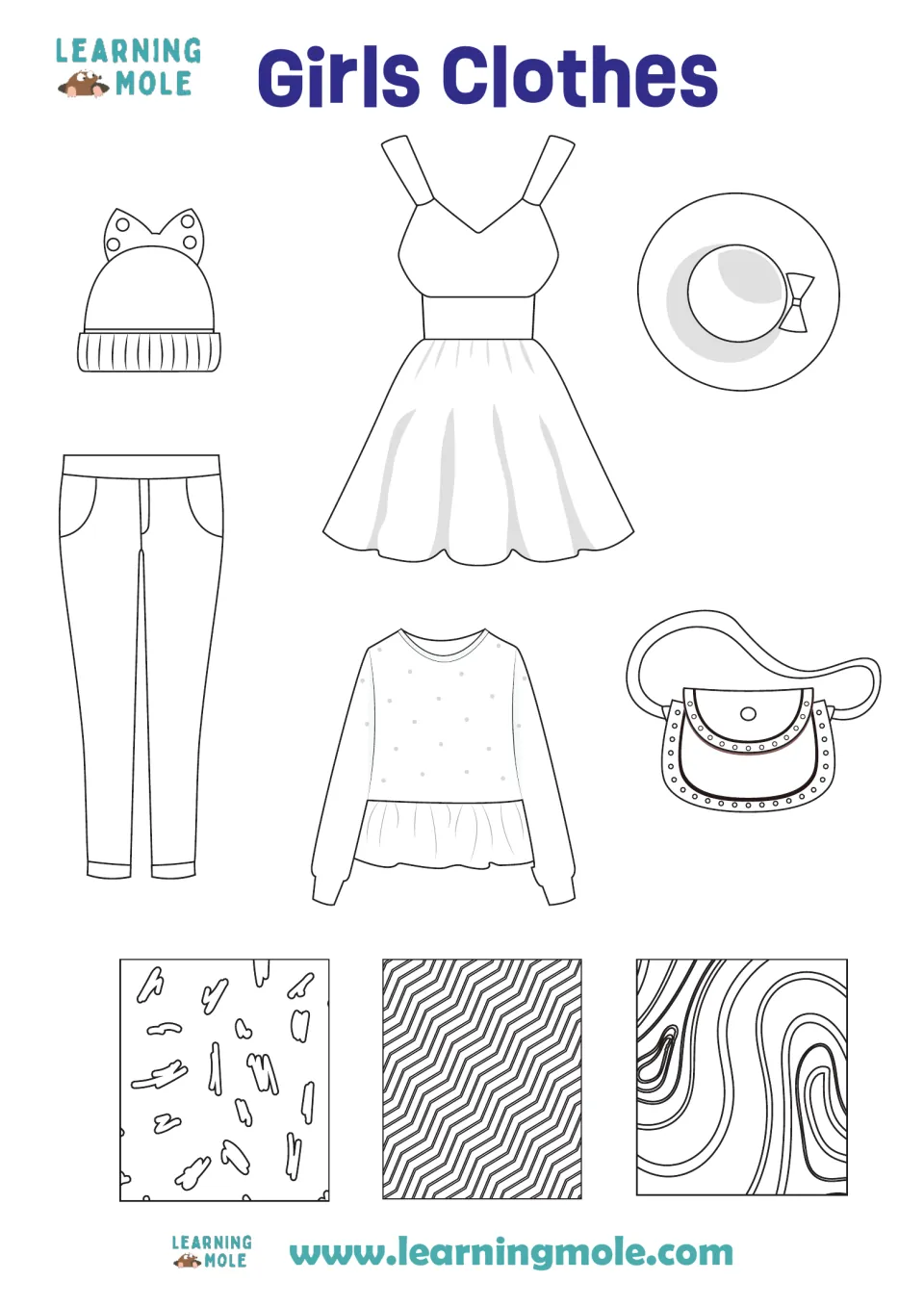 Girls Clothes: students colour and cut out a dress, beanie, sun hat, jeans, frilled top and bag, plus three pattern swatches