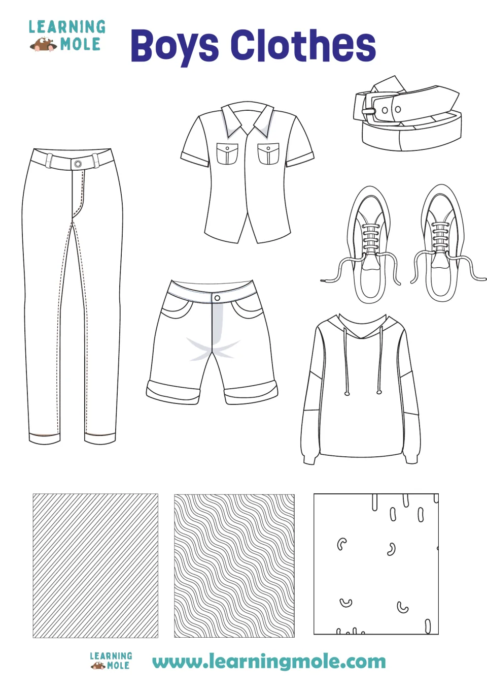 Boys Clothes: students colour and cut out trousers, shirt, belt, trainers, shorts and a hoodie, plus three pattern swatches