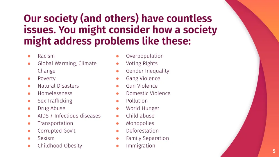 Social problems list, from poverty to pollution, for students to consider how a society could address them