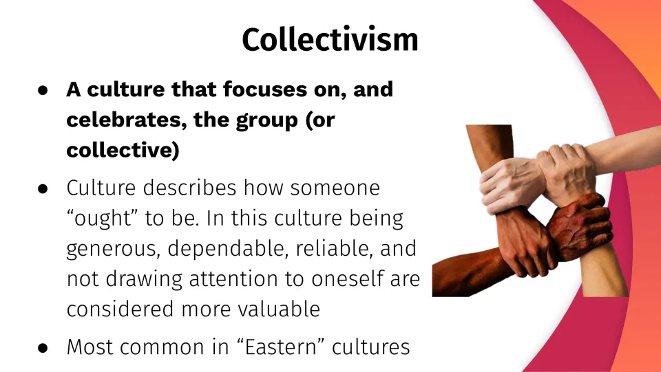 Collectivism slide: a culture that celebrates the group, valuing being generous and dependable; photo of linked hands