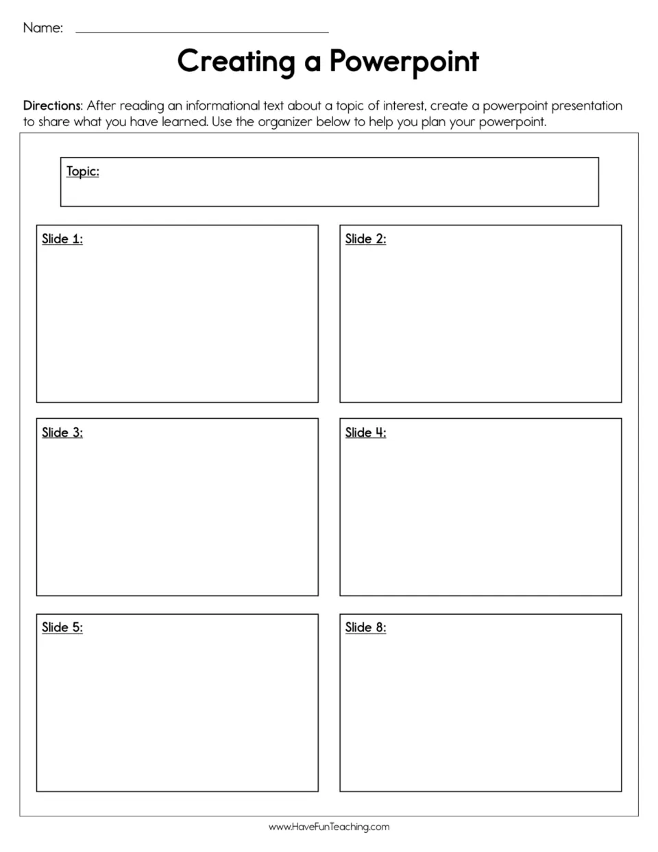 Presentation planning organizer: after reading an informational text, students note a topic and plan their first slides