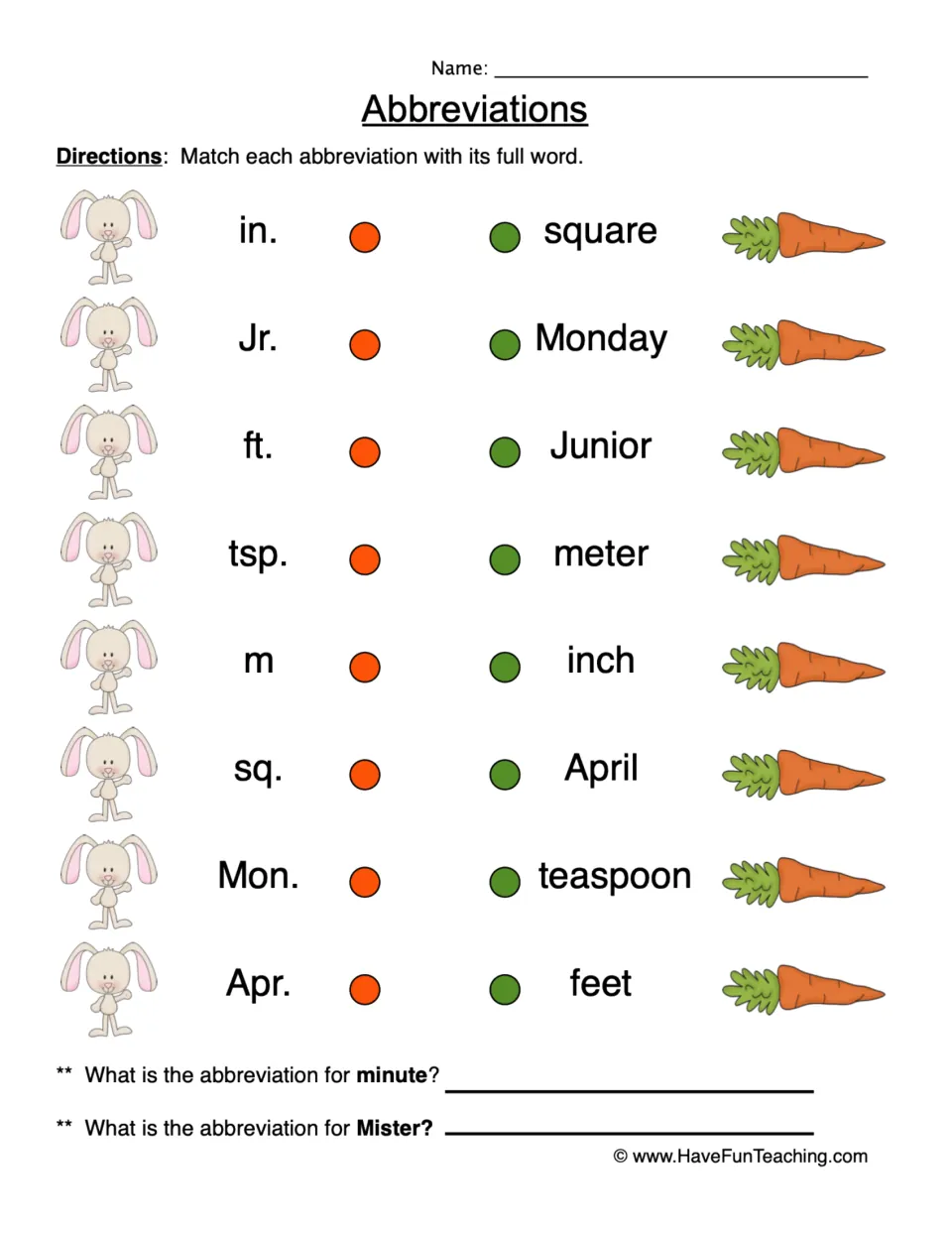Abbreviations: students match 8 abbreviations such as in., Jr. and tsp. to full words, then abbreviate minute and Mister