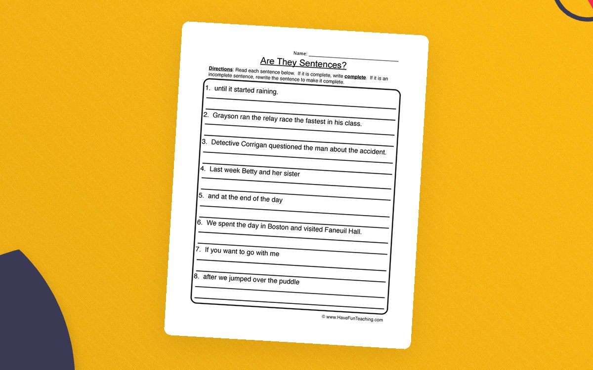 Creating Complete Sentences Worksheet preview: Eight complete-sentence and fragment examples