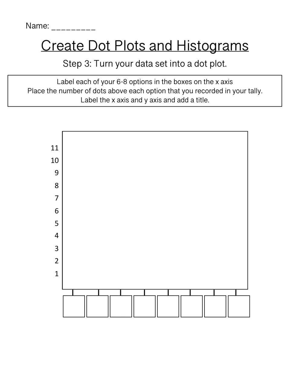 Making a dot plot: students label 6-8 answer options on the x axis and stack dots up to 11 high to show their tally counts
