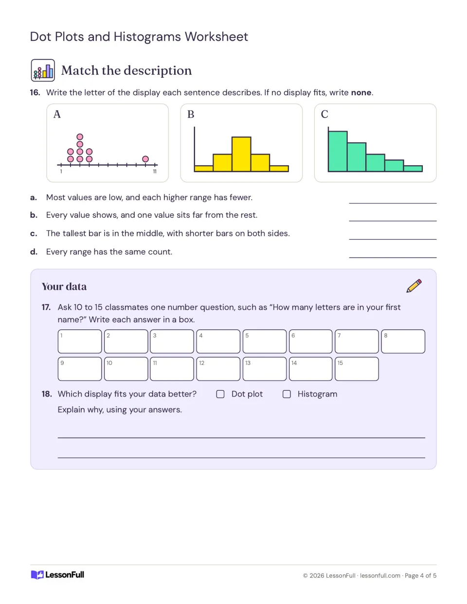 Graph matching practice compares displays A–C, then asks students to survey 10–15 classmates and choose a display.