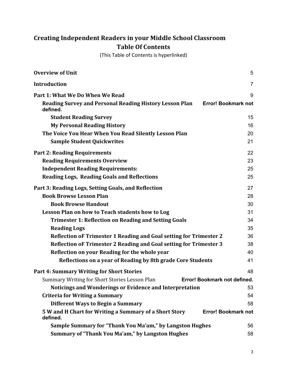 First contents page lists reading surveys, requirements, logs, goals, reflections, and summary lessons